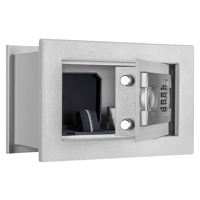 Format Wandtresor FOX 1 - Elektronisches Zahlenschloss, L x B x H: 220 x 355 x 240 mm - Hellgrauer Safe mit offener Tür, digitalem Schloss und Schmuckschatulle mit Armband innen.