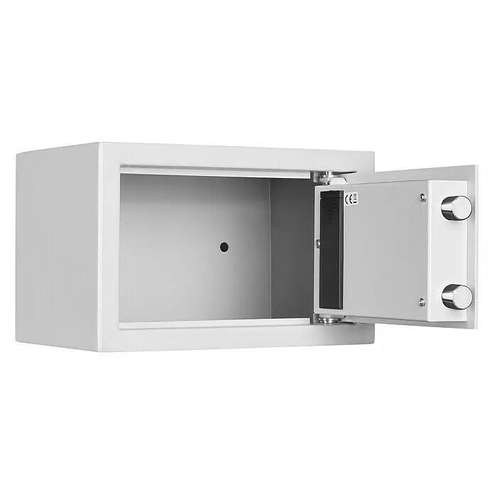 Format Möbeltresor TIGER S - L x B x H: 220 x 310 x 200 mm, Elektronisches Zahlenschloss - Offener weißer Metallsafes mit Digitalschloss und zwei silbernen Verriegelungsbolzen.