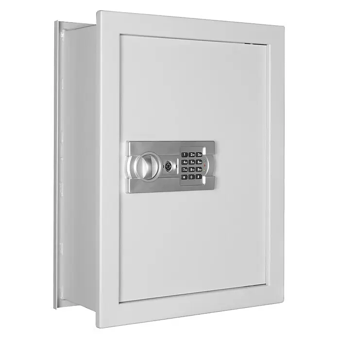 Format Wandtresor FOX - Elektronisches Zahlenschloss, L x B x H: 220 x 440 x 600 mm - Weißer Wandeinbau-Safe mit silberner Digitaltastatur, Griff und Schlüsselloch.