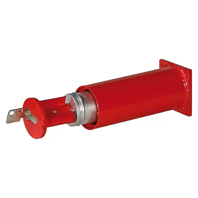 Format Rohrtresor R 1 - Länge: 156 mm, Stahl, Ausstattung: Geldbombe - Rotes zylindrisches Sicherheitsschloss mit eingestecktem Schlüssel, für einen herausnehmbaren Pfosten oder eine Barriere.