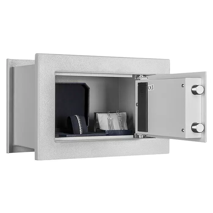 Format Wandtresor FOX 1 - Elektronisches Zahlenschloss, L x B x H: 220 x 355 x 240 mm - Offener grauer Wandeinbausafe mit Schmuck (Armband, Ohrringe) innen, zur sicheren Aufbewahrung von Wertsachen.