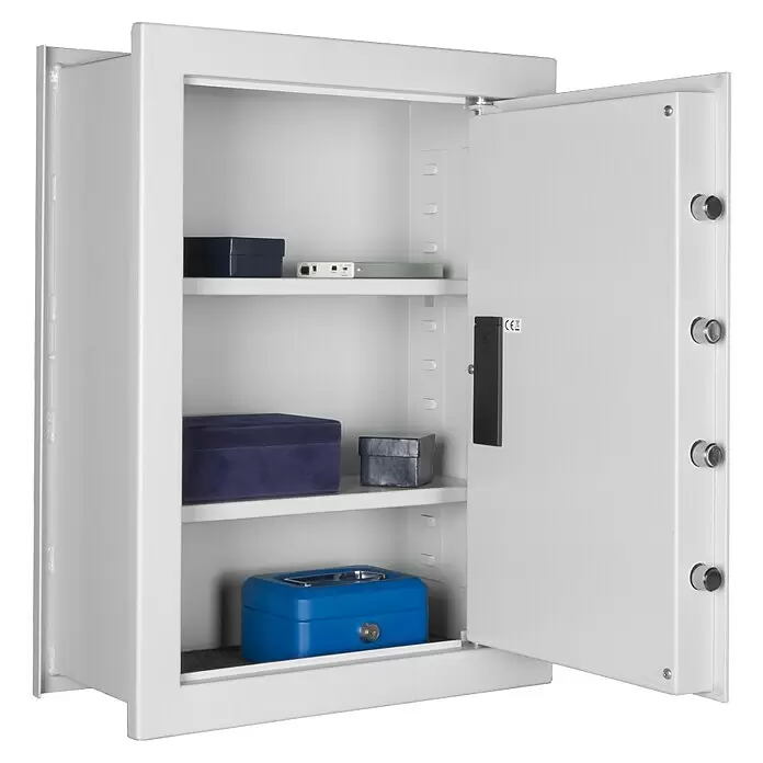Format Wandtresor FOX - Elektronisches Zahlenschloss, L x B x H: 220 x 440 x 600 mm - Offener hellgrauer Metalltresor mit Regalböden, der verschiedene Boxen und Elektronik enthält.