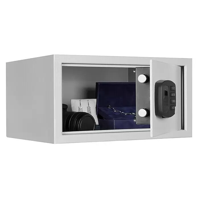 Format Möbeltresor PANTHER - L x B x H: 250 x 350 x 250 mm, Elektronisches Zahlenschloss, Volumen: 27 l - Offener, grauer Metalltresor mit digitalem Tastenfeld, der Schmuck und andere Wertsachen im Inneren zeigt.