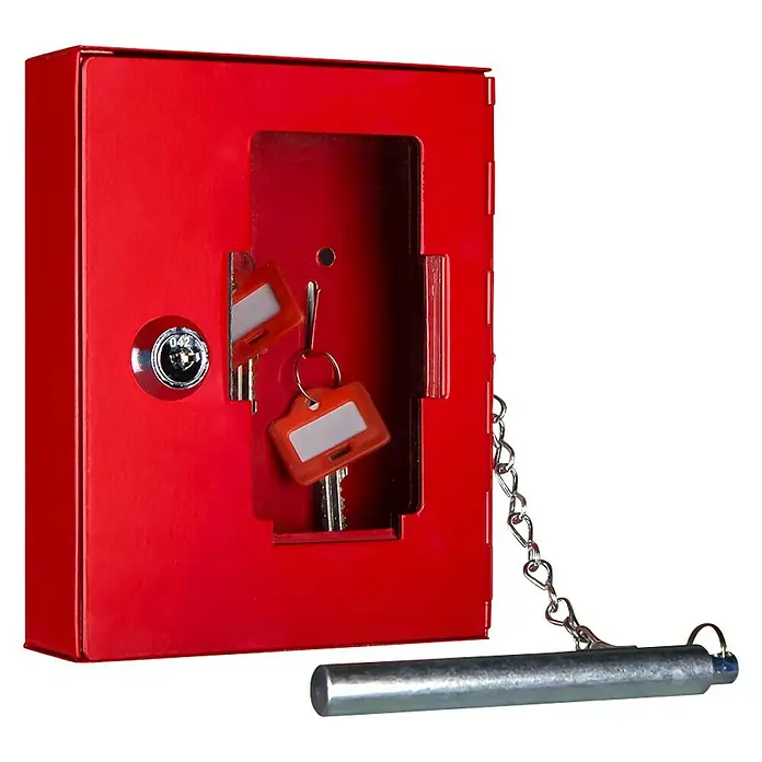 Format Notschlüsselkasten NS 2 - L x B x H: 34 x 120 x 150 mm, Mit Glasbrecher - Roter Schlüsseltresor mit Glasbruchhammer und zwei Schlüsseln zur sicheren Aufbewahrung und im Notfall griffbereit.