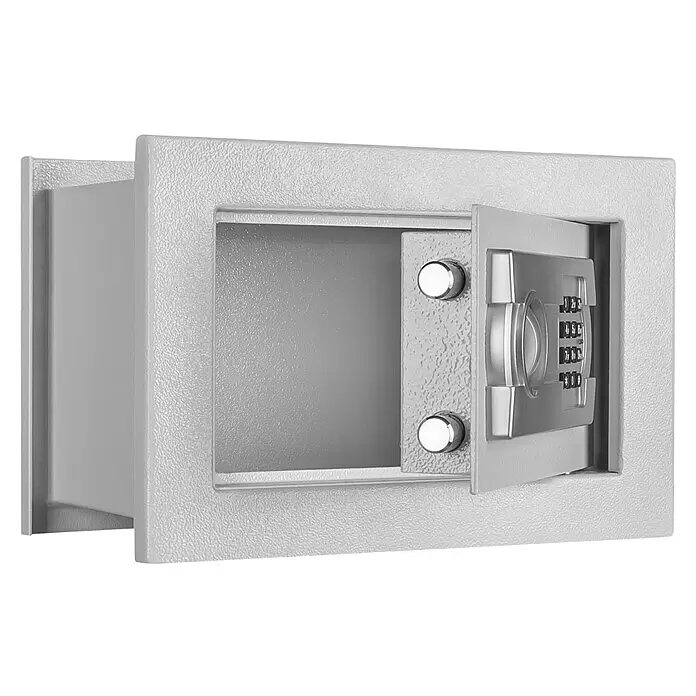 Format Wandtresor FOX 1 - Elektronisches Zahlenschloss, L x B x H: 220 x 355 x 240 mm - Grauer, metallischer Einbautresor mit geöffneter Tür, der den inneren Schließmechanismus und das Zahlenschloss zeigt.