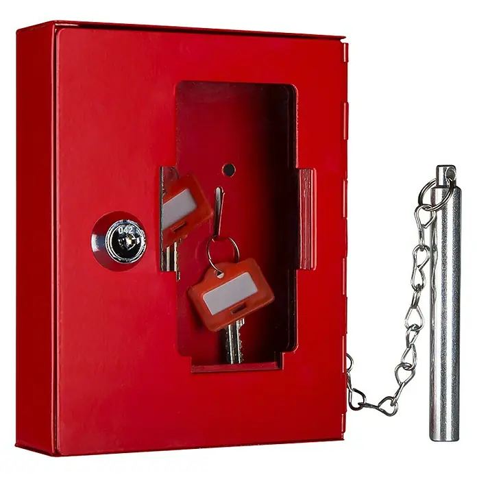 Format Notschlüsselkasten NS 2 - L x B x H: 34 x 120 x 150 mm, Mit Glasbrecher - Schlüsselkasten mit Schlüssel und Kette. Ein roter Schlüsselsafe zur sicheren Aufbewahrung von Schlüsseln mit Schloss.