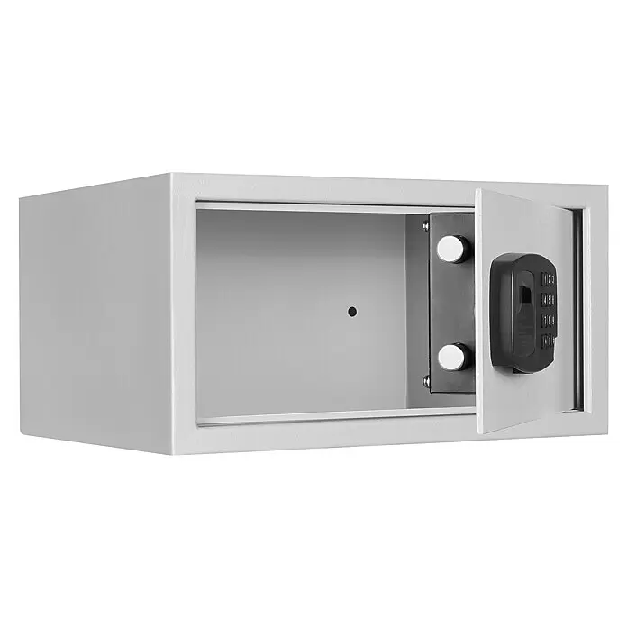 Format Möbeltresor PANTHER - L x B x H: 250 x 350 x 250 mm, Elektronisches Zahlenschloss, Volumen: 27 l - Geöffneter grauer Safe mit digitaler Tastatur an der Tür, der das leere Innere zeigt.