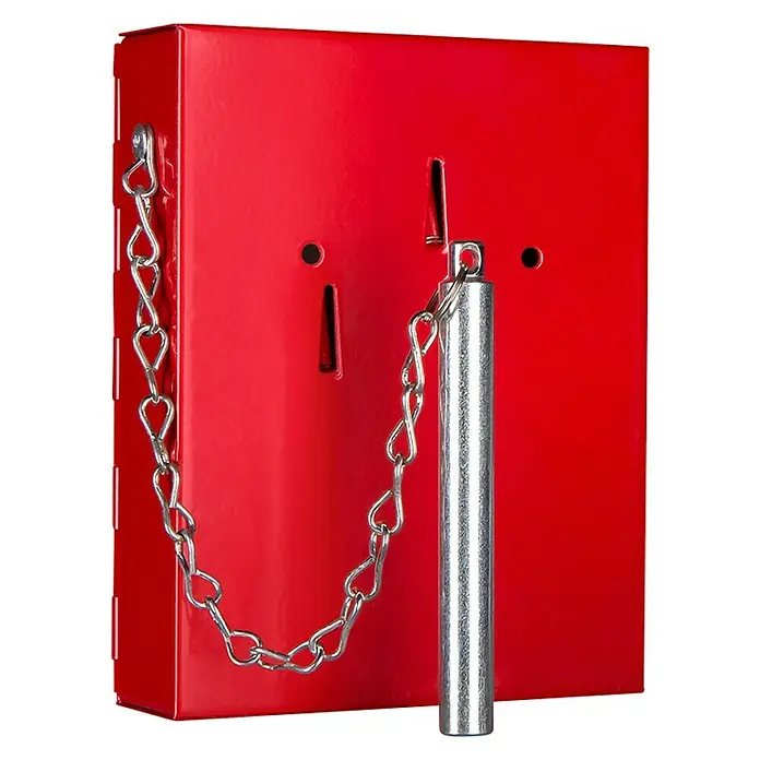 Format Notschlüsselkasten NS 2 - L x B x H: 34 x 120 x 150 mm, Mit Glasbrecher - Rote Notfallbox mit silberner Kette und Metallstift, ein essenzielles Sicherheitsinstrument für Notfälle.