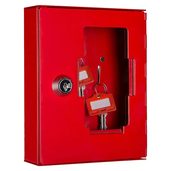 Format Notschlüsselkasten NS 2 - L x B x H: 34 x 120 x 150 mm - Roter Schlüsselsafe mit Schloss und zwei Schlüsseln mit Anhängern im Inneren, ideal zur sicheren Aufbewahrung von Schlüsseln.