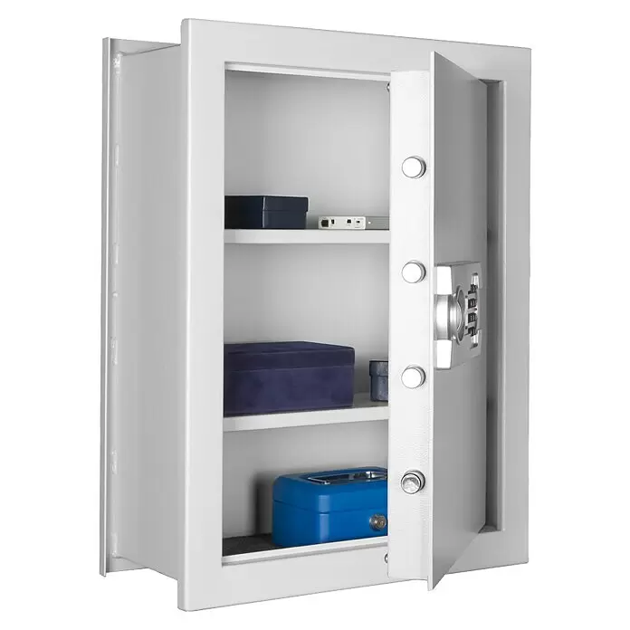 Format Wandtresor FOX - Elektronisches Zahlenschloss, L x B x H: 220 x 440 x 600 mm - Offener grauer Metallsafes mit verstellbaren Regalböden, die verschiedene Gegenstände enthalten, und einem elektronischen Tastenfeld an der Tür.