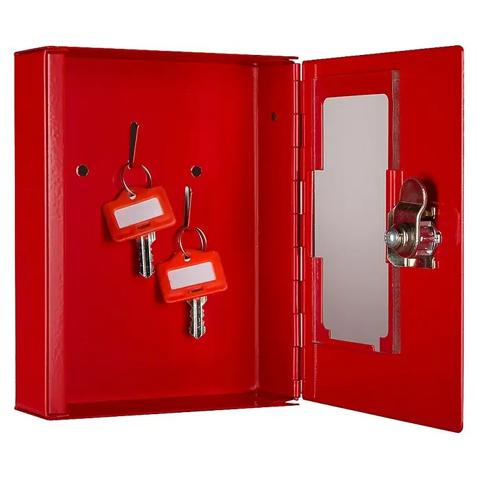 Format Notschlüsselkasten NS 2 - L x B x H: 34 x 120 x 150 mm - Roter Schlüsselschrank mit zwei Schlüsseln, die im Inneren hängen, und einem Drehknopf zum Verschließen der Tür.