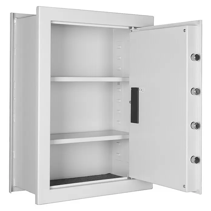 Format Wandtresor FOX - Elektronisches Zahlenschloss, L x B x H: 220 x 440 x 600 mm - Offener hellgrauer Metalltresor mit zwei Einlegeböden und schwarzem Türgriff.
