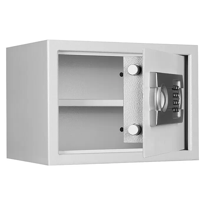 Format Möbeltresor TIGER M - L x B x H: 250 x 350 x 250 mm, Elektronisches Zahlenschloss - Offener grauer Metallsicherheitssafe mit elektronischem Tastenfeld an der Tür und zwei Innenablagen.