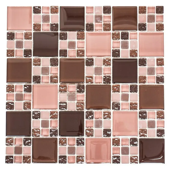 Mosaikfliese Crystal Mix XCM 8575 - 30 x 30 cm, Bordeaux, Glänzend - Hochauflösendes Bild eines Mosaiks aus braunen und rosa Glasfliesen, ideal für moderne Badezimmer- und Küchengestaltungen.