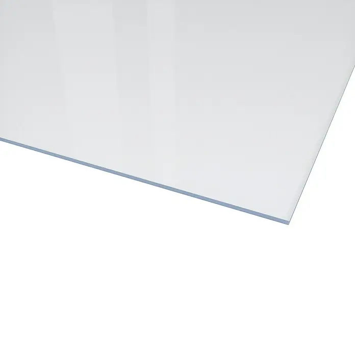 Polycarbonat-Platte - 200 cm x 100 cm x 4 mm, Farblos - Nahaufnahme einer hochglänzenden, weißen Acrylglasplatte, die durch ihre Klarheit und Reflexionen besticht.