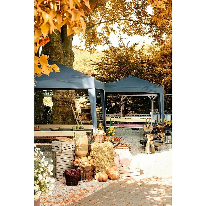 Outfit Faltpavillon Easy Up - B x T: 300 x 300 cm, Farbe Dach: Grau - Herbstliche Szene mit Kürbissen und Körben vor einem Veranstaltungszelt, umgeben von herbstlichen Bäumen, die eine warme, einladende Atmosphäre schaffen.