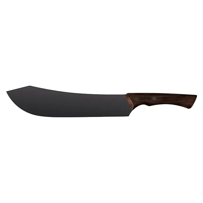 Tramontina Churrasco Fleischmesser Black - Edelstahl, Länge: 39 cm - Nahaufnahme eines Hackmessers mit braunem Holzgriff und scharfer Klinge, ideal für die Küche.