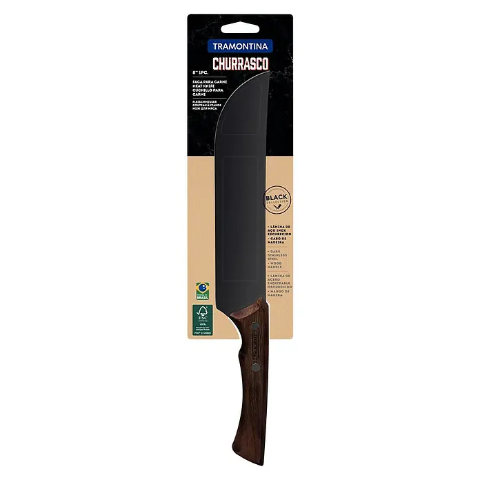 Tramontina Churrasco Fleischmesser Black - Edelstahl, Länge: 34 cm - Abbildung eines Tramontina Churrasco Fleischermessers mit dunkler Klinge und Holzgriff, verpackt.