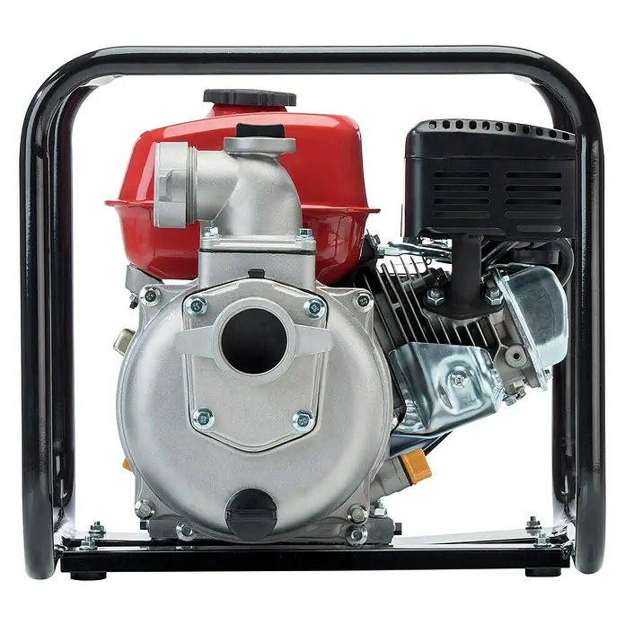AL-KO Schmutzwasserpumpe - 4,1 kW, Max. Fördermenge: 30.000 l/h, Eintauchtiefe: 6 m - Abbildung einer Wasserpumpe mit rotem Tank und silberfarbenem Pumpenkörper, eingebettet in einen schwarzen Rahmen.