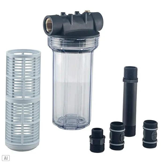 AL-KO Hauswasserwerk-Vorfilter - Passend für: AL-KO Hauswasserwerke - Wasserfiltergehäuse mit Zubehör. Das Set beinhaltet ein transparentes Gehäuse, einen Filter und verschiedene Anschlussstücke.