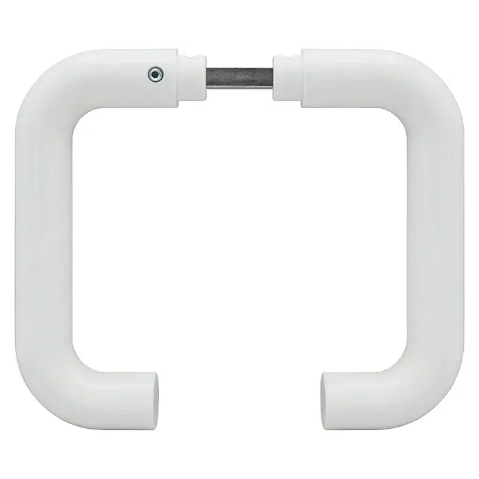Portaferm Drückerpaar Nylon - Weiß, Stärke Tür: 35 mm - 45 mm - Abgebildet ist ein weißer Türgriff mit abgerundeten Ecken, der einen modernen und minimalistischen Stil verkörpert.\n