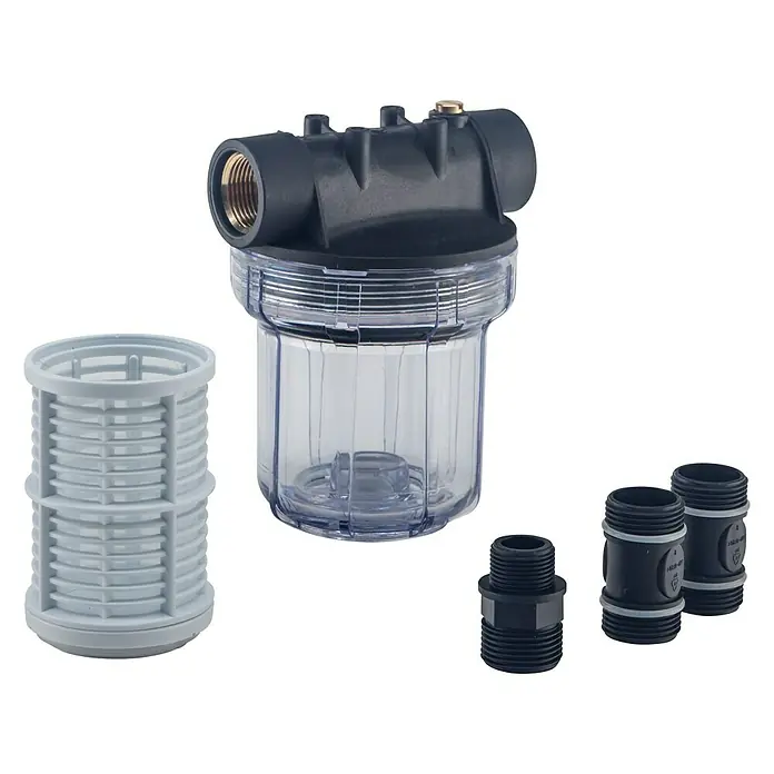 AL-KO Gartenpumpen-Vorfilter 100/1Passend für: AL-KO Gartenpumpen - Ein klares Wasserfiltergehäuse mit schwarzem Kopfstück, Kartusche und verschiedenen Anschlüssen auf schwarzem Hintergrund.