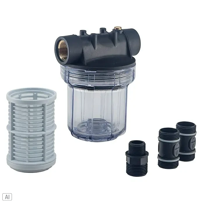 AL-KO Gartenpumpen-Vorfilter 100/1 - Passend für: AL-KO Gartenpumpen - Ein klares Wasserfiltergehäuse mit schwarzem Kopfstück, Kartusche und verschiedenen Anschlüssen auf schwarzem Hintergrund.