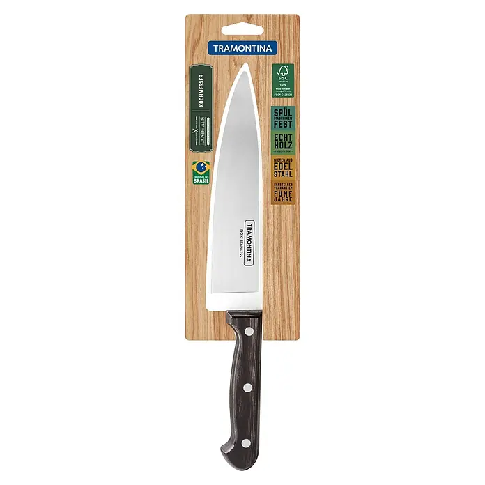 Tramontina Landhaus Küchenmesser - Edelstahl, Länge: 33,5 cm - Abbildung eines Tramontina Kochmessers in der Verpackung. Das Messer hat eine Edelstahlklinge und einen Holzgriff mit Nieten.