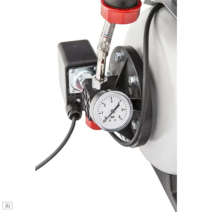 AL-KO Easy Hauswasserwerk 3600 - 850 W, 17 l, Max. Fördermenge: 3.600 l/h, Max. Druck: 38 bar - Detailansicht eines Druckmessers an einem Druckschalter, der an einem Druckbehälter montiert ist.