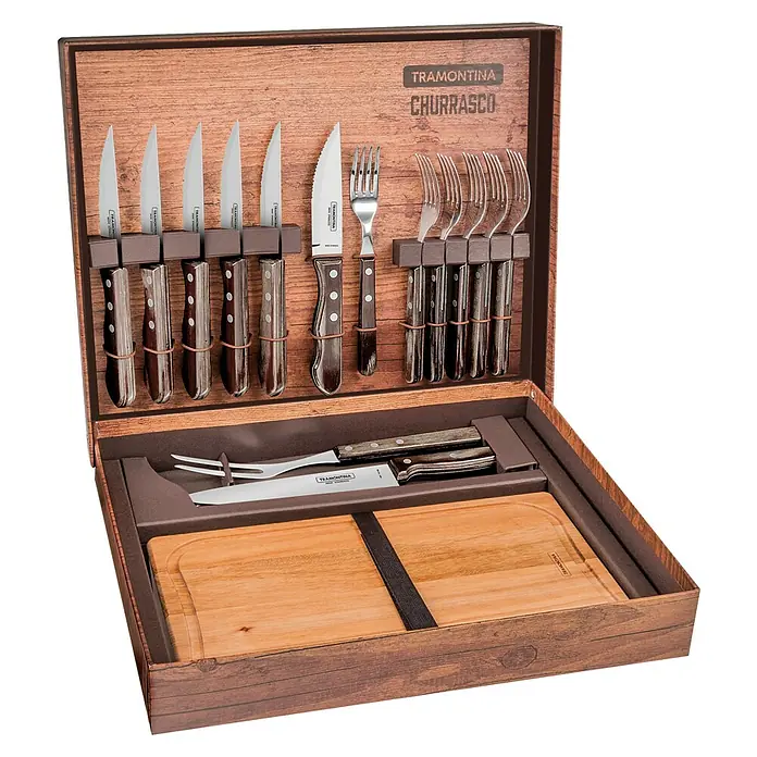 Tramontina BBQ-Koffer Jumbo - 15 -tlg. - Holzkiste mit Tramontina Churrasco Grillbesteckset, inklusive Messer, Gabeln und Schneidebrett, ideal für Grillabende.