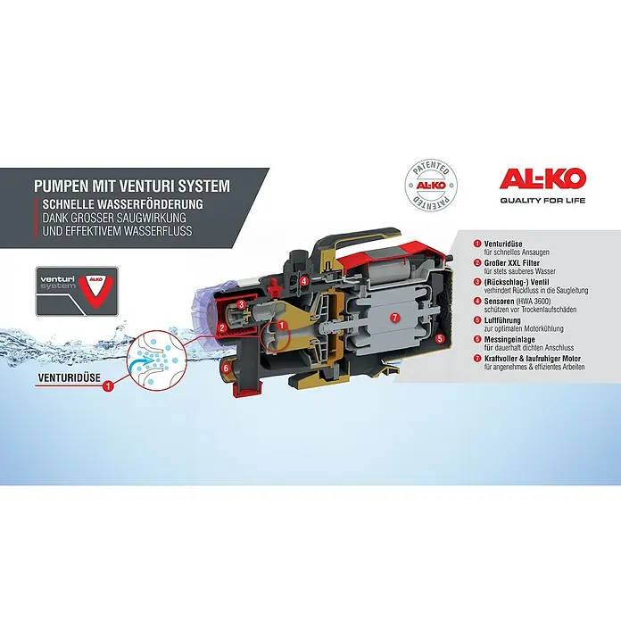 AL-KO Easy Gartenpumpe Jet 3600 Easy - 850 W, 3.600 l/h, 3,8 bar - Die AL-KO Gartenpumpe mit Venturi-System für schnelle Wasserförderung, dank großer Saugwirkung und effektivem Wasserfluss.