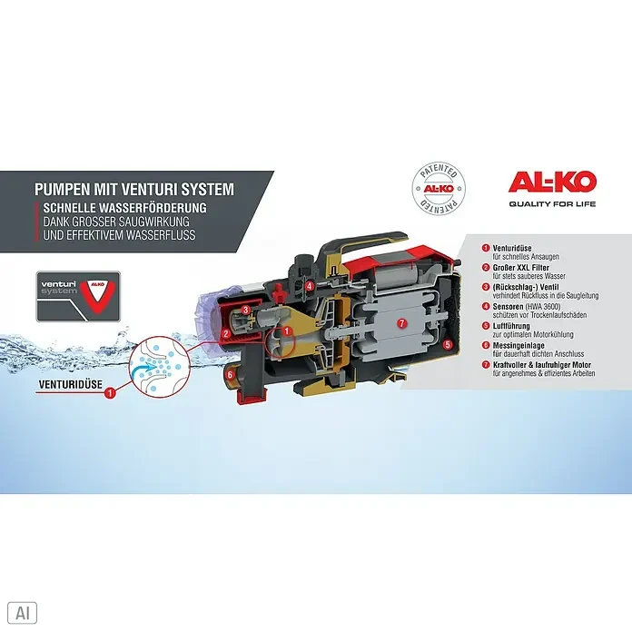 AL-KO Easy Gartenpumpe Jet 3600 Easy - 850 W, 3.600 l/h, 3,8 bar - Die AL-KO Gartenpumpe mit Venturi-System für schnelle Wasserförderung, dank großer Saugwirkung und effektivem Wasserfluss.
