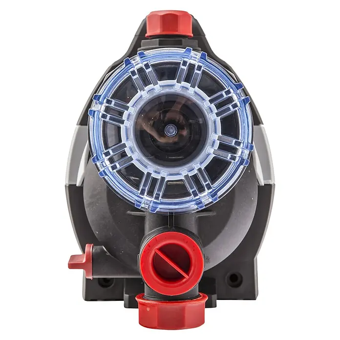 AL-KO FilterelementPassend für: AL-KO Pumpen & Hauswasserwerk Modelle Jet 3600, HWA 3600 und HW 3600 Easy - Nahaufnahme einer Poolpumpe mit transparentem Gehäuse und roten Ventilen, die die internen Komponenten zeigt.