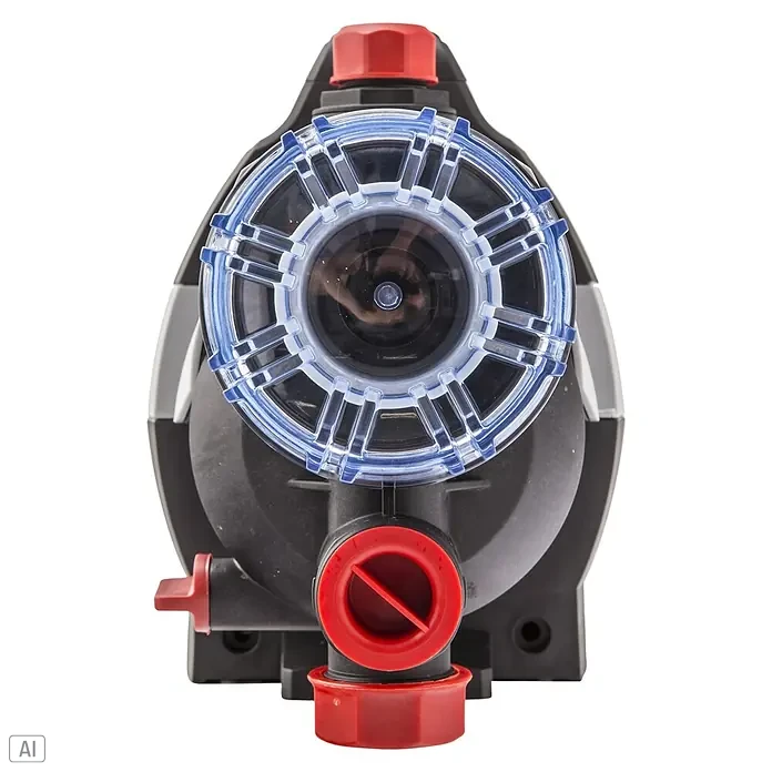 AL-KO Filterelement - Passend für: AL-KO Pumpen & Hauswasserwerk Modelle Jet 3600, HWA 3600 und HW 3600 Easy - Nahaufnahme einer Poolpumpe mit transparentem Gehäuse und roten Ventilen, die die internen Komponenten zeigt.