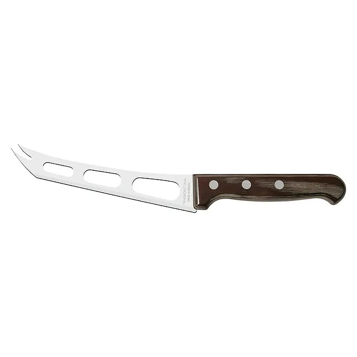 Tramontina Landhaus Käsemesser - Edelstahl - Nahaufnahme eines Käsemessers von Tramontina mit Aussparungen in der Klinge und einem braunen Holzgriff, hergestellt in Brasilien.