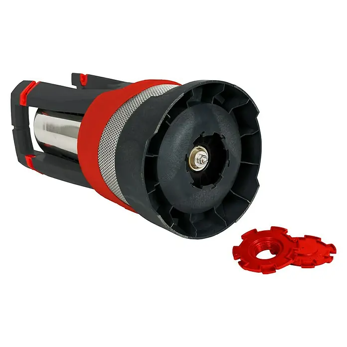 AL-KO Premium Drucktauchpumpe Dive 5600/44 Automatic - 1.200 W, Max. Fördermenge: 5.600 l/h - Eine Nahaufnahme einer Tauchpumpe mit schwarzem Gehäuse, roter Abdeckung und silbernem Filter, zusammen mit zwei roten Kappen.