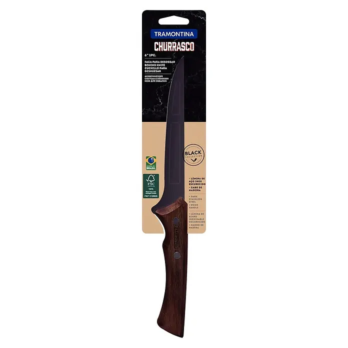 Tramontina Churrasco Ausbeinmesser Black - Edelstahl - Verpackung eines 6-Zoll-Tramontina-Churrasco-Ausbeinmessers mit dunkler Edelstahlklinge und Holzgriff für kulinarische Präzision.