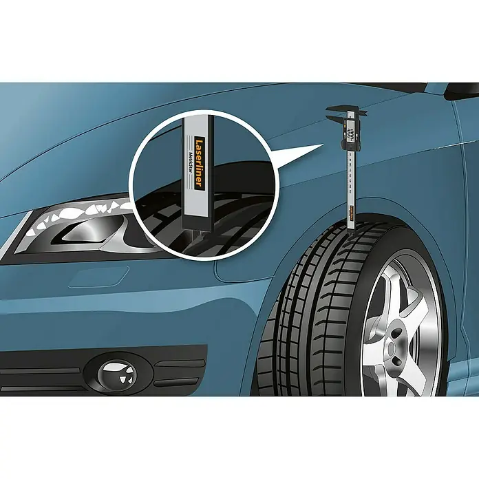 Laserliner Digitaler Messschieber MetricMaster Plus - Messbereich: 0 - 150 mm - Nahaufnahme eines Lasermessgeräts, das die Profiltiefe eines Reifens an einem blauen Auto misst, mit Fokus auf Präzision und Produktdetails.
