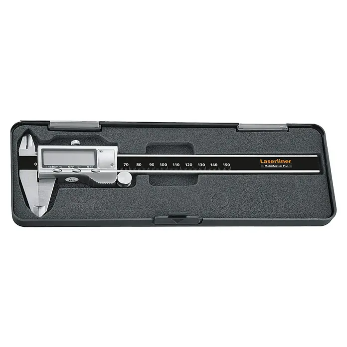 Laserliner Digitaler Messschieber MetricMaster Plus - Messbereich: 0 - 150 mm - Nahaufnahme eines Laserliner MetricMaster Plus Messschiebers in seiner Aufbewahrungsbox.