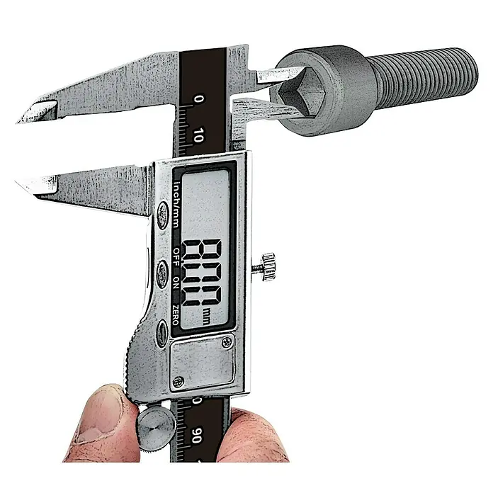 Laserliner Digitaler Messschieber MetricMaster Plus - Messbereich: 0 - 150 mm - Digitaler Messschieber misst die Größe eines Bolzens, um präzise Messungen zu gewährleisten. Ideal für Werkstatt und Heimwerkerprojekte.