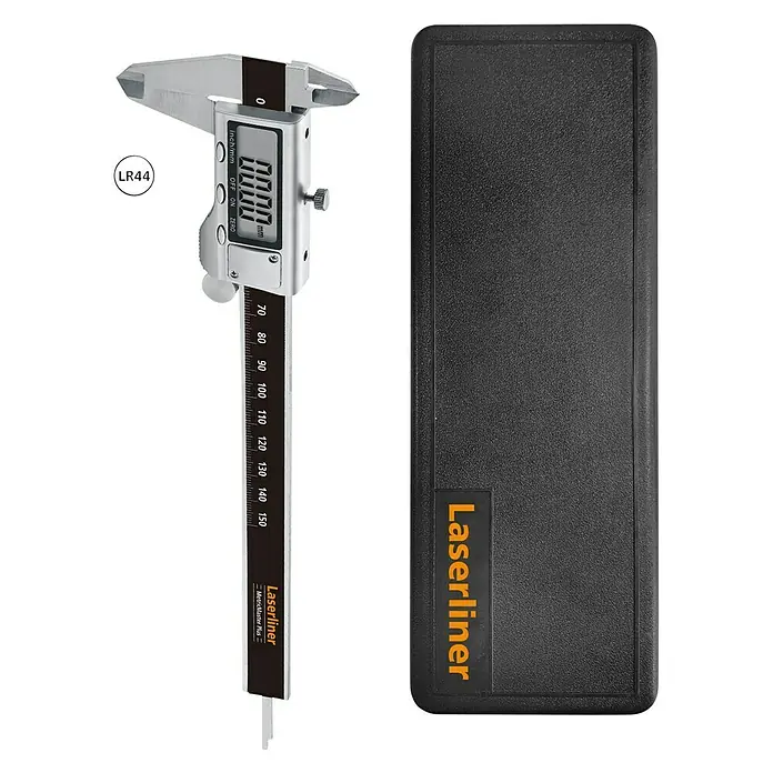 Laserliner Digitaler Messschieber MetricMaster Plus - Messbereich: 0 - 150 mm - Eine digitale Schieblehre der Marke Laserliner mit einem schwarzen Koffer zur Aufbewahrung.