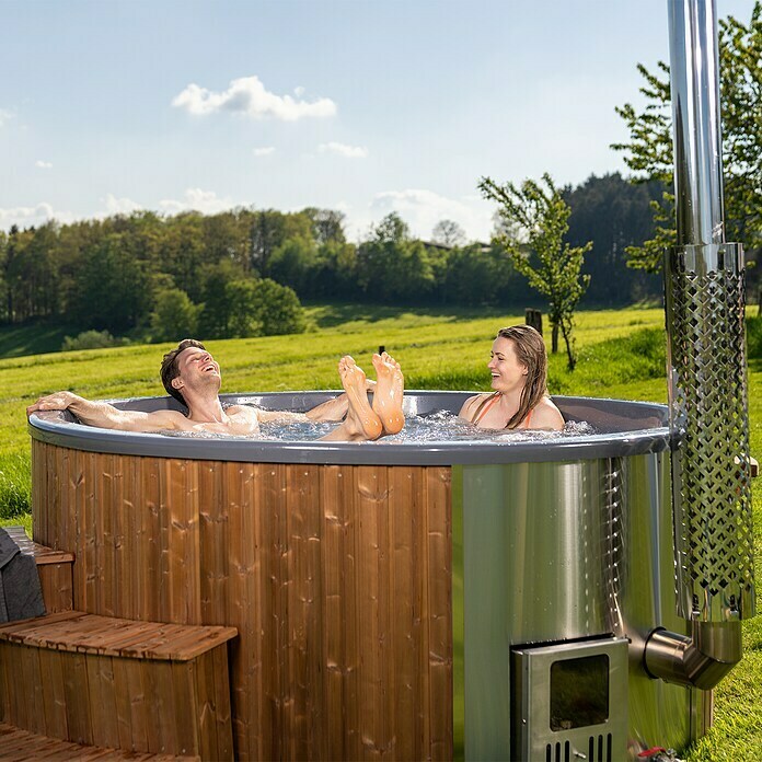 Holzklusiv Saphir 200 Hot Tub Basic DeluxeDurchmesser: 220 cm, Weiß, Thermoholz, Max. Personenzahl: 6 - 8 Use Shot