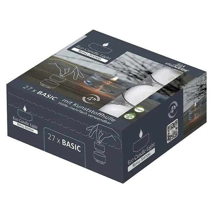 Teelichter Basic Refill-System - 27 Stk., Weiß - Eine Packung Eco Candle Light Nachfüllsystem mit 27 Teelichtern. Die Teelichter sind vegan und ohne Palmöl hergestellt.