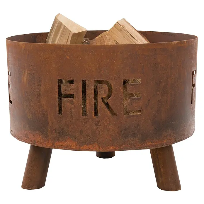 RedFire Feuerschale Fulla - Durchmesser: 50 cm, Stahl - Rostfarbene Feuerstelle mit Holzscheiten und dem Wort "FIRE".