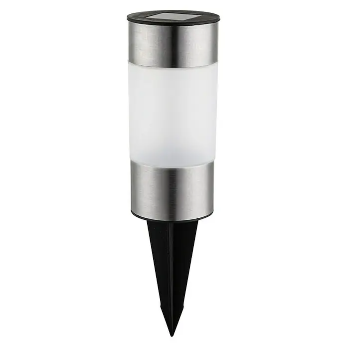 Globo Solarleuchten-Set Mini Tube - 0,06 W, Klar, Silber, IP44 - Nahaufnahme einer Solarleuchte mit Erdspieß für den Außenbereich, ideal für Gartenwege und Beete. Das Licht ist modern und aus Edelstahl.
