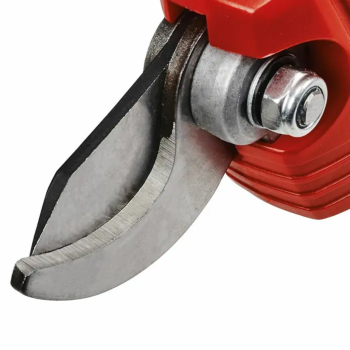Einhell Tijeras de podar de batería GE-LS18 - 18 V, 2,5 Ah - Primer plano de unas tijeras de jardinería rojas a batería. La afilada hoja de corte plateada es claramente visible.