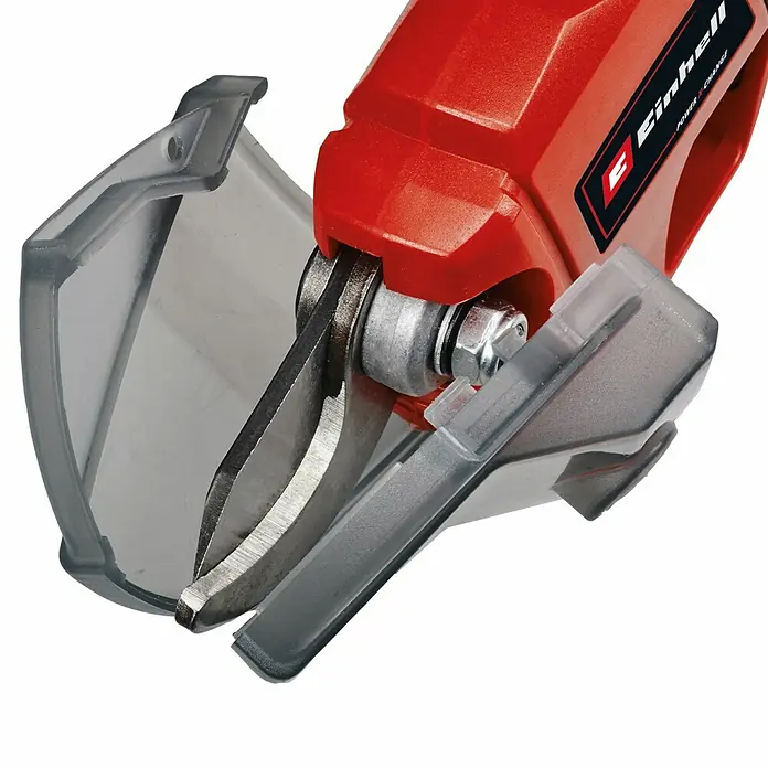 Einhell Tijeras de podar de batería GE-LS18 - 18 V, 2,5 Ah - Primer plano de unas tijeras de jardín inalámbricas Einhell con protecciones de seguridad.