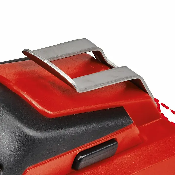 Einhell Tijeras de podar de batería GE-LS18 - 18 V, 2,5 Ah - Primer plano de una herramienta roja y negra con un clip plateado.