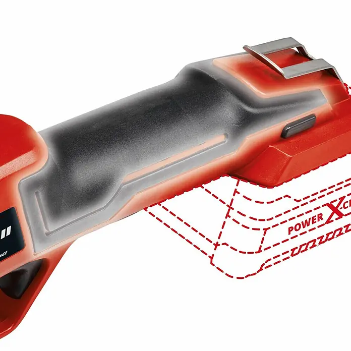 Einhell Tijeras de podar de batería GE-LS18 - 18 V, 2,5 Ah - Primer plano de una herramienta eléctrica Einhell roja y negra.