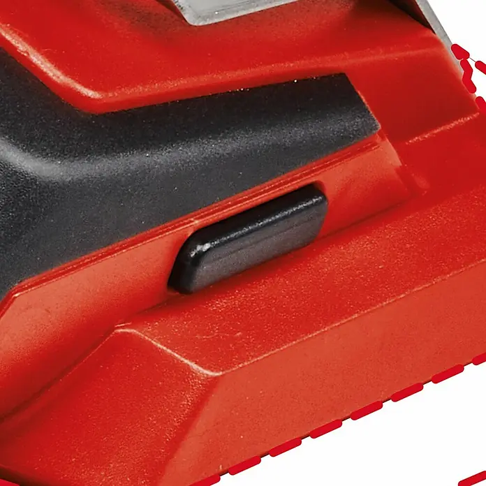 Einhell Tijeras de podar de batería GE-LS18 - 18 V, 2,5 Ah - Primer plano de una herramienta roja con un botón negro, destacando la funcionalidad del dispositivo.